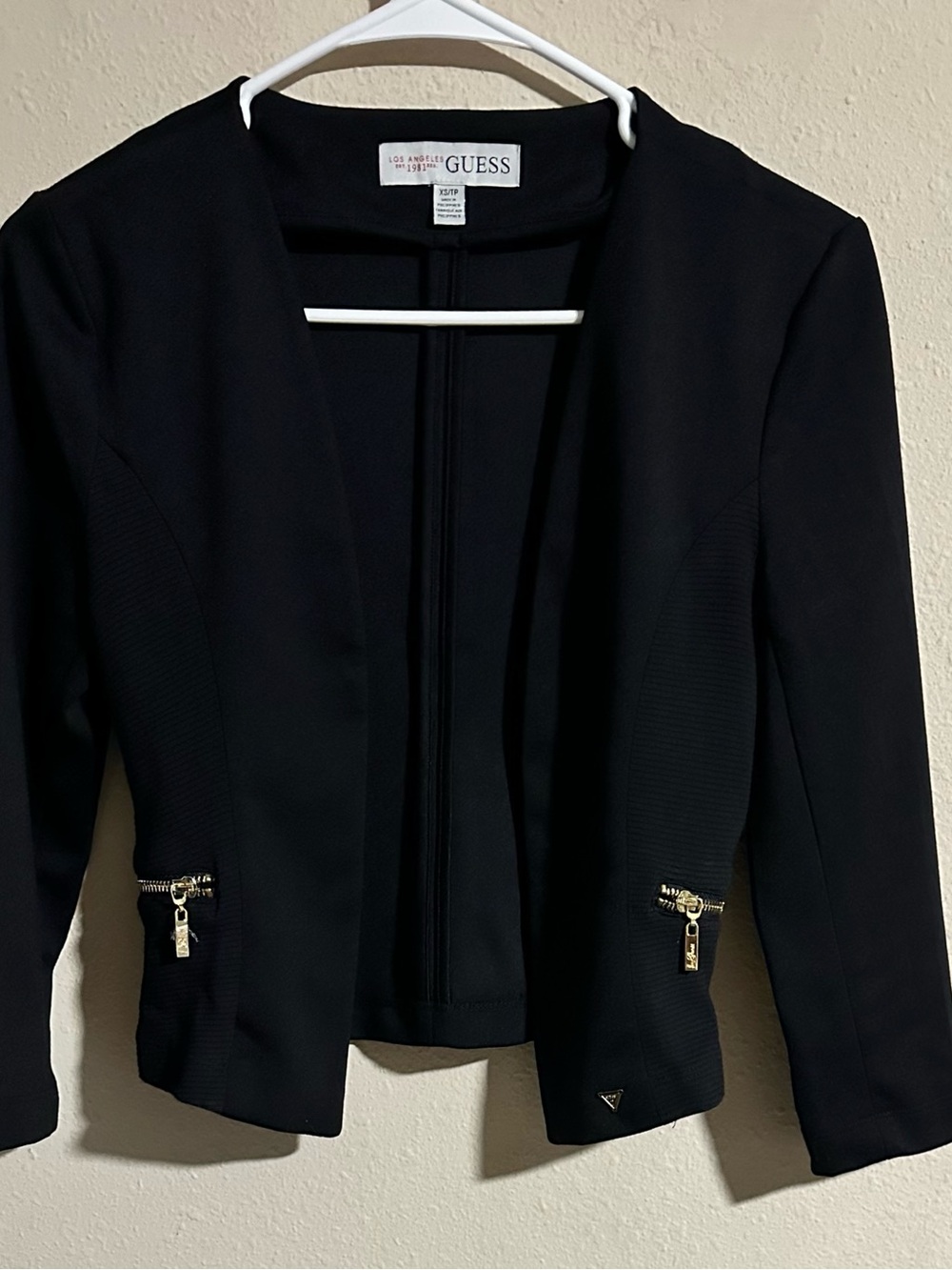 GUESS Black Open-Front Blazer Moto Style with Gold Zip Accents